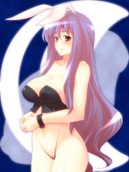 Rule 34 | 1girl, animal ears, bare shoulders, blush, breasts, bustier, cleavage, covered erect nipples, female pubic hair, highres, jpeg artifacts, large breasts, long hair, looking at viewer, lowleg, navel, open mouth, own hands together, pubic hair, purple hair, rabbit ears, red eyes, reisen udongein inaba, simple background, solo, touhou, tro, very long hair, wrist cuffs