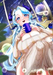Rule 34 | + +, 1girl, akimoto8, alternate costume, animal ears, blue eyes, blue hair, blue horns, blurry, blurry background, blurry foreground, blush, breasts, cleavage, commentary, commission, cow tail, cup, dutch angle, english commentary, feet out of frame, hair ornament, hairclip, holding, holding cup, horns, huge breasts, indie virtual youtuber, leaf, long hair, long sleeves, looking at viewer, miilkywayz, mole, mole under eye, mole under mouth, mug, night, night sky, no shoes, open mouth, plant, potted plant, ribbed sweater, shooting star, sitting, skeb commission, sky, sleeves past wrists, solo, star (sky), straight-on, sweater, tail, thighhighs, virtual youtuber