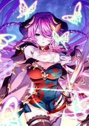 Rule 34 | 1girl, black gloves, blue eyes, braid, breasts, bug, butterfly, cleavage, draph, gloves, granblue fantasy, hair over one eye, highres, horns, insect, katana, large breasts, long hair, narmaya (granblue fantasy), purple hair, sword, thighhighs, weapon, yoake