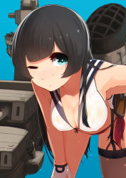 Rule 34 | 10s, 1girl, absurdres, agano (kancolle), asymmetrical legwear, black hair, blush, breasts, cleavage, garter straps, gloves, green eyes, highres, kantai collection, large breasts, leaning forward, long hair, looking at viewer, one eye closed, school uniform, see-through, serafuku, single thighhigh, solo, suginoji, thighhighs, uneven legwear, wet, wet clothes, white gloves
