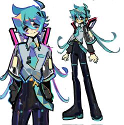 Rule 34 | 1boy, bishounen, black pants, black sleeves, blue eyes, blue hair, blue necktie, collared shirt, commentary, detached hair, english commentary, full body, genderswap, genderswap (ftm), grey shirt, hatsune mikuo, highres, kxbo99, long hair, looking at viewer, low twintails, male focus, necktie, pants, redesign, shirt, sketch, solo, twintails, vocaloid, white background