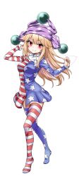 1girl absurdres american_flag american_flag_legwear american_flag_print blonde_hair blue_shirt breasts clownpiece fairy_wings flag_print full_body hat highres jester_cap kikoka_(mizuumi) long_hair long_sleeves looking_at_viewer medium_breasts multicolored_shirt neck_ruff polka_dot_headwear red_eyes red_shirt shirt simple_background smile solo standing thighhighs touhou transparent_wings white_background wings