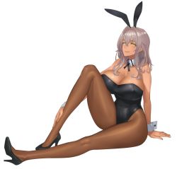 Rule 34 | 1girl, animal ears, bare shoulders, breasts, closed mouth, damegane, detached collar, earrings, eyebrows, fake animal ears, from side, full body, hair between eyes, jewelry, large breasts, leotard, long hair, looking to the side, original, pantyhose, parted lips, playboy bunny, rabbit ears, reena (damegane), silver hair, white background, yellow eyes