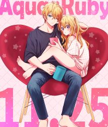 Rule 34 | 1boy, 1girl, absurdres, asgykk, barefoot, black shirt, blonde hair, blue eyes, blue pants, blush, brother and sister, chair, character name, closed mouth, cover, cup, feet, glasses, good twins day, hair between eyes, highres, holding, holding cup, hoshino aquamarine, hoshino ruby, long hair, looking at viewer, one eye closed, open mouth, oshi no ko, pants, pink eyes, polka dot, polka dot shirt, shirt, short hair, siblings, sitting, star-shaped pupils, star (symbol), symbol-shaped pupils, t-shirt, toes, twins, white shirt