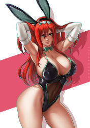 Rule 34 | 1girl, animal ears, armpits, arms behind head, artist name, black leotard, bow, bowtie, breasts, cleavage, covered navel, cowboy shot, curvy, dandon fuga, detached collar, elbow gloves, erza scarlet, fairy tail, fake animal ears, female focus, gloves, hair between eyes, hairband, hands in hair, heart, highleg, highleg leotard, highres, large breasts, leotard, long hair, looking at viewer, pink background, playboy bunny, rabbit ears, red hair, see-through, simple background, skindentation, smile, solo, standing, thick thighs, thighs, white background, white gloves, wide hips