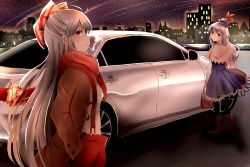 Rule 34 | 2girls, adapted costume, blue dress, blush, boots, bow, brown eyes, brown footwear, brown jacket, capelet, car, cigarette, city, dress, from side, fujiwara no mokou, hair bow, hand in pocket, hat, highres, indo (mdtanaka2007), jacket, kamishirasawa keine, long hair, long sleeves, looking at viewer, looking to the side, motor vehicle, multiple girls, night, night sky, open clothes, open jacket, pants, profile, red eyes, red pants, shirt, silver hair, sky, smile, smoking, star (sky), starry sky, suspenders, touhou, vehicle focus, very long hair, white shirt
