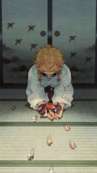 Rule 34 | 1boy, alternate body fluid, blonde hair, blurry, bowing, child, cloth, colored tips, crying, depth of field, flame print, forked eyebrows, hakama, highres, holding, indoors, japanese clothes, kimetsu no yaiba, long sleeves, male focus, marble (toy), motion blur, multicolored hair, on floor, outstretched arms, own hands together, red hair, remembering, rengoku kyoujurou, rengoku senjurou, seiza, shouji, sidelocks, sitting, sliding doors, solo, streaked hair, tatami, tears, tsuba (guard), yuki (yuki3243)