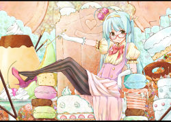 Rule 34 | 1girl, aqua hair, bad id, bad pixiv id, black eyes, blush, bow, cake, candle, candy, crown, doughnut, feet, food, fruit, glasses, gloves, hairband, high heels, icing, letterboxed, lollipop, macaron, original, pantyhose, pastry, patterned legwear, pocky, pudding, puffy sleeves, sekiyu., shoe dangle, sidelocks, skirt, smile, solo, spoon, strawberry, striped clothes, striped pantyhose, twintails, vertical-striped clothes, vertical-striped pantyhose, waistcoat