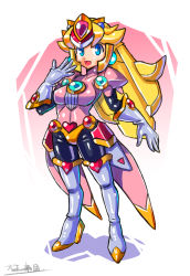 Rule 34 | 1girl, adapted costume, blonde hair, blue eyes, bodysuit, boots, crossover, full body, gloves, high heels, highres, long hair, mario (series), netnavi, nintendo, oomasa teikoku, open mouth, princess peach, puffy short sleeves, puffy sleeves, mega man (series), mega man battle network, short sleeves, signature, simple background, solo, standing, thigh boots, thighhighs, white footwear, white gloves