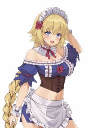 Rule 34 | 1girl, :d, alternate costume, apron, arm up, bare shoulders, blonde hair, blue eyes, blue shirt, blue skirt, bow, braid, breasts, cleavage, commentary, commission, cowboy shot, crop top, english commentary, enmaided, fate/grand order, fate (series), frills, highres, jeanne d&#039;arc (fate), jeanne d&#039;arc (ruler) (fate), kaosu kun, long hair, looking at viewer, maid, maid apron, maid headdress, medium breasts, midriff, miniskirt, navel, off-shoulder shirt, off shoulder, open mouth, red bow, shirt, short sleeves, simple background, single braid, skirt, smile, solo, very long hair, waist apron, white background, wrist cuffs