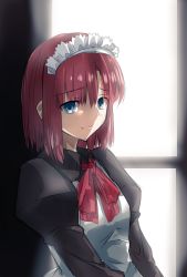 Rule 34 | 1girl, apron, blue eyes, chiizu ore, highres, hisui (tsukihime), light, long sleeves, maid, maid headdress, one-hour drawing challenge, red hair, short hair, smile, solo, tsukihime, type-moon, window