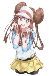 Rule 34 | 1girl, black pantyhose, blue eyes, breasts, brown hair, cchhii3, creatures (company), double bun, game freak, hair bun, highres, long hair, looking at viewer, medium breasts, nintendo, open mouth, pantyhose, pokemon, pokemon bw2, raglan sleeves, rosa (pokemon), simple background, smile, solo, twintails, very long hair, visor cap, white background