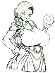 Rule 34 | 1girl, belt, bianca (dq5), bracelet, braid, breasts, cape, covered erect nipples, crystal ball, dragon quest, dragon quest v, dress, eyes visible through hair, huge breasts, jewelry, long hair, monochrome, one eye closed, open mouth, short sleeves, shoulder pads, side braid, sketch, smile, solo, spacezin, wink