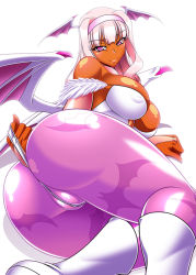 Rule 34 | 1girl, alternate color, alternate skin color, animal print, ass, bare shoulders, bat (animal), bat print, bat wings, blush, breasts, bridal gauntlets, cleavage, clothing cutout, commentary request, cosplay, covered erect nipples, dark-skinned female, dark skin, demon girl, hairband, hamon ai, head wings, heart cutout, idolmaster, idolmaster (classic), large breasts, leotard, long hair, looking at viewer, morrigan aensland, morrigan aensland (cosplay), naughty face, pantyhose, pink hairband, print pantyhose, purple eyes, purple pantyhose, purple wings, shijou takane, silver hair, smile, solo, vampire (game), wedgie, wings