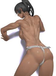 Rule 34 | 1girl, arm support, ass, back, black hair, blue eyes, breasts, chyko, dark-skinned female, dark skin, fundoshi, japanese clothes, large breasts, looking back, muscular, muscular female, original, ponytail, solo, toned, topless, underwear, underwear only