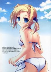 Rule 34 | 1girl, ass, bikini, blonde hair, blue eyes, blush, cat hair ornament, cloud, cowboy shot, from behind, hair intakes, hair ornament, hairpin, light smile, looking at viewer, looking back, low twintails, short hair, short twintails, side-tie bikini bottom, sky, smile, solo, standing, swimsuit, twintails, white bikini