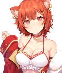 Rule 34 | 1girl, animal ear fluff, animal ears, bare shoulders, breasts, choker, cleavage, closed mouth, collarbone, crop top, earrings, expressionless, frills, hair ornament, hairclip, halterneck, head tilt, highres, jacket, jewelry, large breasts, long sleeves, looking at viewer, nijisanji, off shoulder, open clothes, open jacket, orange eyes, orange hair, ratna petit, red choker, red jacket, shirt, short hair, simple background, sleeveless, sleeveless shirt, solo, spaghetti strap, tnk319, upper body, virtual youtuber, white background, white shirt, x hair ornament