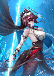 Rule 34 | 1girl, adsouto, arm up, ass, bare shoulders, breasts, covered erect nipples, cowboy shot, dagger, genshin impact, gloves, gradient background, habit, highres, holding, holding weapon, jewelry, knife, large breasts, looking at viewer, pantyhose, parted lips, pelvic curtain, red eyes, red hair, rosaria (genshin impact), short hair, solo, standing, weapon, white gloves