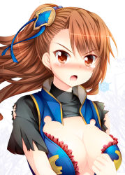 Rule 34 | 10s, 1girl, beatrix (granblue fantasy), blush, breasts, brown eyes, brown hair, cleavage, commentary request, female focus, granblue fantasy, hair ornament, large breasts, long hair, looking at viewer, open mouth, shirt, solo, tears, tekehiro, torn clothes, torn shirt, upper body