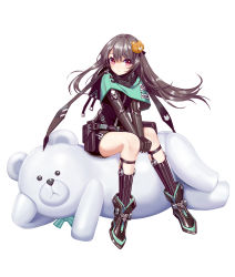 Rule 34 | 1girl, ankle boots, armor, armored boots, bear hair ornament, belt, belt pouch, belt skirt, black hair, black jacket, blunt bangs, boots, capelet, closed mouth, d. (ddot2018), floating hair, full body, hair ornament, iron saga, jacket, long hair, looking at viewer, official art, pouch, red eyes, shorts, sitting, socks, solo, striped clothes, striped socks, stuffed animal, stuffed toy, su rui (iron saga), teddy bear, v arms, vertical-striped clothes, vertical-striped socks, white background
