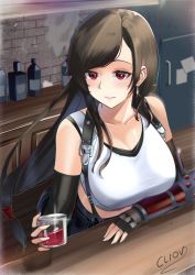 Rule 34 | 1girl, alcohol, arm rest, artist name, bar (place), black hair, blush, bottle, bracer, breasts, cleavage, cliov, commission, counter, cup, earrings, elbow gloves, final fantasy, final fantasy vii, final fantasy vii remake, fingerless gloves, gloves, highres, holding, holding cup, jewelry, large breasts, leaning, liquor, long hair, low-tied long hair, midriff, parted lips, red eyes, refrigerator, skirt, solo, square enix, straight hair, suspender skirt, suspenders, tank top, tifa lockhart, upper body, white tank top