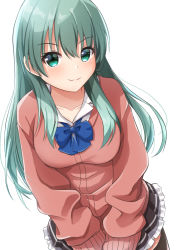 Rule 34 | 1girl, blush, breasts, brown skirt, cardigan, closed mouth, collarbone, collared shirt, comiching, green eyes, green hair, hair between eyes, highres, kantai collection, large breasts, long hair, long sleeves, looking at viewer, official alternate costume, pink cardigan, pleated skirt, shirt, simple background, skirt, smile, solo, suzuya (kancolle), white background, white shirt