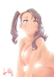 Rule 34 | 10s, 1girl, blush, breasts, brown eyes, brown hair, commentary request, gundam, gundam build fighters, gundam build fighters try, hair ornament, highres, hori shin, large breasts, long hair, looking at viewer, navel, nude, parted lips, sazaki kaoruko, side ponytail, simple background, solo, white background