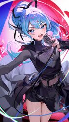 Rule 34 | 1girl, belt, black nails, black shirt, black shorts, blue eyes, blue hair, hair ribbon, high ponytail, highres, holding, holding microphone, hololive, hoshimachi suisei, hoshimachi suisei (shout in crisis), kainown, looking at viewer, microphone, nail polish, navel, official alternate costume, open mouth, ribbon, shirt, shorts, skirt, smile, solo, star (symbol), star in eye, symbol in eye, virtual youtuber