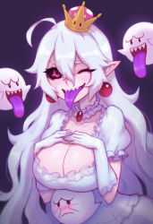 Rule 34 | 1girl, ahoge, black sclera, breasts, cleavage, collar, colored sclera, commentary, crown, dress, earrings, english commentary, frilled collar, frilled dress, frilled gloves, frills, gloves, hair between eyes, hands on own chest, highres, jewelry, large breasts, liyart, long hair, long tongue, luigi&#039;s mansion, mario (series), mini crown, new super mario bros. u deluxe, nintendo, one eye closed, pale skin, pink eyes, pointy ears, princess king boo, purple tongue, sharp teeth, super crown, teeth, tongue, tongue out, very long hair, white dress, white gloves, white hair