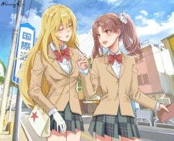 Rule 34 | 2girls, :d, aisheng kuroko, bag, blazer, blue sky, bow, bowtie, brown eyes, brown hair, brown jacket, cloud, commentary request, dated commentary, eye contact, food, gloves, hair between eyes, hair ornament, hair scrunchie, hand up, handbag, highres, holding, holding food, holding pocky, jacket, long hair, long sleeves, looking at another, multiple girls, one eye closed, open mouth, outdoors, plaid, plaid skirt, pocky, red bow, red bowtie, road, road sign, school uniform, scrunchie, shirai kuroko, shirt, shokuhou misaki, sign, signature, skirt, sky, smile, star-shaped pupils, star (symbol), star print, street, symbol-shaped pupils, teeth, toaru kagaku no railgun, toaru majutsu no index, tokiwadai school uniform, town, twintails, two-tone skirt, upper teeth only, white gloves, white scrunchie, white shirt, winter uniform, yellow eyes