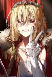 Rule 34 | 1girl, blonde hair, blush, breasts, cleavage, coat, colored eyelashes, dress, elbow gloves, freckles, gloves, hair between eyes, highres, jewelry, looking at viewer, nail polish, necklace, original, parted lips, pendant, red coat, red eyes, red nails, saber (weapon), short hair, smile, solo, strapless, strapless dress, sword, thread, tiara, upper body, v, wata (attaka towel), weapon, white dress