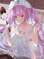 Rule 34 | 1girl, :q, absurdres, anchor symbol, apron, bare shoulders, blue hair, blurry, blurry background, blush, bowl, breasts, chocolate, chocolate making, cleavage, collarbone, commentary request, food on body, food on breasts, frills, hands up, highres, holding, holding whisk, hololive, kitchen, large breasts, licking lips, light blue hair, long hair, maid headdress, microwave, minato aqua, multicolored hair, naked apron, pink eyes, pink hair, reitou mkn, signature, solo, spatula, strap slip, streaked hair, sweatdrop, tongue, tongue out, twintails, two-tone hair, v-shaped eyebrows, valentine, very long hair, virtual youtuber, whisk, white apron