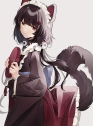 Rule 34 | 1girl, absurdres, amanai daisy, animal ears, black kimono, blunt bangs, blush, closed mouth, dog ears, dog girl, dog tail, frilled skirt, frills, from side, highres, holding, holding tray, inui toko, japanese clothes, kimono, long hair, long skirt, long sleeves, looking at viewer, looking to the side, low twintails, maid, maid headdress, nijisanji, red eyes, red skirt, simple background, skirt, smile, solo, tail, tray, twintails, virtual youtuber, wa maid, white background, wide sleeves, yellow eyes