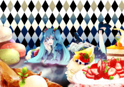 Rule 34 | 1girl, aqua eyes, aqua hair, argyle, argyle background, argyle clothes, berry, blue dress, blue footwear, blue nails, cake, dress, eating, food, food-themed clothes, frilled sleeves, frills, fruit, hair ornament, hatsune miku, long hair, lying, macaron, mirunai, nail polish, on stomach, pastry, shoes, solo, strawberry, twintails, very long hair, vocaloid, white legwear