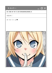 Rule 34 | 1girl, blonde hair, blue eyes, blue sailor collar, close-up, commentary request, finger to mouth, gloves, highres, jervis (kancolle), kanade (kanadeya), kantai collection, sailor collar, smile, solo, translation request, white gloves