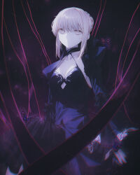 1girl artoria_pendragon_(all) artoria_pendragon_(fate) black_dress blonde_hair breasts cleavage dress fate_(series) fov_ps highres looking_at_viewer ponytail saber_alter solo standing yellow_eyes