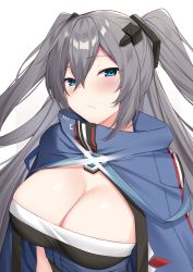 Rule 34 | 1girl, absurdres, azur lane, black dress, blue cloak, blue eyes, blush, breasts, cleavage, cloak, closed mouth, commentary, commission, dress, glowing, grey hair, hair between eyes, hair ornament, highres, intrepid (azur lane), kurigura (sketch san), large breasts, long hair, looking at viewer, no mole, pixiv commission, sidelocks, simple background, solo, strapless, strapless dress, two side up, upper body, very long hair, white background