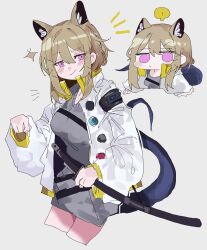 Rule 34 | 1girl, absurdres, animal ears, arknights, cat ears, cat girl, cat tail, character request, chibi, cowboy shot, grey hair, highres, jacket, katana, odmised, purple eyes, simple background, smile, solo, sparkle, sword, tail, weapon, white background, white jacket