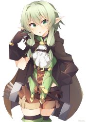 Rule 34 | 1girl, absurdres, arrow (projectile), black bow, black gloves, blush, bow, breasts, cape, commentary, elf, gloves, goblin slayer!, green eyes, green hair, hair between eyes, hair bow, high elf archer (goblin slayer!), highres, kwkunai, long hair, looking at viewer, open mouth, pointy ears, shorts, sidelocks, simple background, small breasts, solo, thighhighs, white background