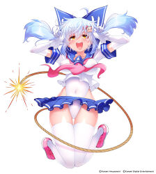 Rule 34 | 1girl, absurdres, blue hair, blue sailor collar, blue skirt, blush, bombergirl, breasts, character hair ornament, collarbone, covered navel, crop top, double v, elbow gloves, fuse tail, gloves, gluteal fold, gradient hair, hair ornament, hands up, highres, holding, holding hair, jumping, leotard, light blue hair, lit fuse, long hair, looking at viewer, medium breasts, miniskirt, multicolored hair, official art, open mouth, pleated skirt, sailor collar, school uniform, serafuku, shiro (bombergirl), shirt, short sleeves, skirt, sleeve cuffs, solo, thigh gap, thighhighs, twintails, v, white background, white gloves, white leotard, white shirt, white thighhighs, yellow eyes