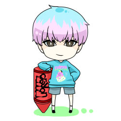 Rule 34 | 1boy, bigbang, brown eyes, chibi, crayon, earrings, g-dragon, hand on own hip, jewelry, k-pop, leaning, loafers, looking at viewer, male focus, multicolored hair, shoes, shorts, socks, solo, standing, sweater, white socks