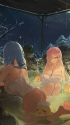 Rule 34 | 2girls, absurdres, ass, azur lane, barefoot, blue hair, breasts, cleavage, collarbone, commentary request, green eyes, hair over one eye, highres, large breasts, manjuu (azur lane), multiple girls, naked towel, night, night sky, onsen, outdoors, partially submerged, pink hair, sitting, sky, soles, tonki, towel, trento (azur lane), trieste (azur lane), water