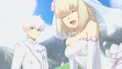 Rule 34 | 1boy, 1girl, :d, ^ ^, aoto (ar tonelico), ar tonelico, ar tonelico iii, bare shoulders, blonde hair, blue eyes, braid, breasts, bride, cherry blossoms, cleavage, closed eyes, closed mouth, cloud, collarbone, day, dress, dutch angle, elbow gloves, closed eyes, game cg, gloves, groom, gust, lens flare, medium breasts, nagi ryou, official art, open mouth, outdoors, petals, saki (ar tonelico), short hair, sky, sleeveless, sleeveless dress, smile, veil, wedding, wedding dress, white dress, white hair