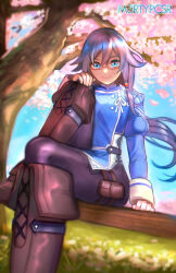 Rule 34 | 1girl, absurdres, artist name, blue eyes, blue hair, boots, brown bag, brown footwear, cherry blossoms, chinese clothes, closed mouth, fu hua, fu hua (valkyrie accipiter), glasses, grass, grey hair, hair between eyes, highres, honkai (series), honkai impact 3rd, juliet sleeves, knee up, long hair, long sleeves, low-tied long hair, low ponytail, martypcsr, ponytail, puffy sleeves, sitting, smile, solo