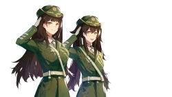 Rule 34 | 2girls, belt, brown eyes, brown hair, closed mouth, girls&#039; frontline, hand on head, hat, hei chuan gui, highres, jacket, long hair, looking at viewer, military, military hat, military uniform, multiple girls, necktie, open mouth, shirt, smile, standing, twintails, type 95 (girls&#039; frontline), type 97 (girls&#039; frontline), uniform, white background