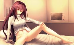 Rule 34 | barefoot, bed, bottomless, breasts, convenient leg, covered erect nipples, fate/grand order, fate (series), hair intakes, hand on own knee, kawanakajima, large breasts, long hair, long sleeves, looking at viewer, microwave, pillow, purple hair, red eyes, reflection, scathach (fate), smile, solo, sweater, turtleneck, turtleneck sweater, vase, wall