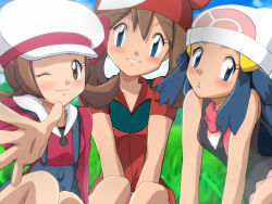 Rule 34 | 3girls, ;), black shirt, blue eyes, blue hair, blush, brown eyes, brown hair, collarbone, creatures (company), dawn (pokemon), day, game freak, grass, hair between eyes, hat, long hair, looking at viewer, lyra (pokemon), may (pokemon), multiple girls, nintendo, one eye closed, outdoors, parted lips, pokemon, pokemon (anime), red hat, red shirt, shirt, short sleeves, sitting, skirt, sleeveless, sleeveless shirt, smile, suspender skirt, suspenders, white hat, y@mato