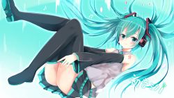 Rule 34 | 1girl, absurdly long hair, black skirt, black thighhighs, blue eyes, blue hair, blush, character name, closed mouth, hatsune miku, long hair, looking at viewer, musical note, siroyuki, skirt, smile, solo, spring onion, thighhighs, twintails, very long hair, vocaloid