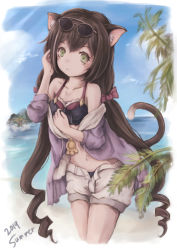 Rule 34 | 1girl, 2019, :o, animal ear fluff, animal ears, arms up, bare shoulders, beach, bikini, bikini top only, black bikini, blue sky, blush, brown hair, cat ears, cat tail, cloud, collarbone, cowboy shot, cropped legs, day, eyewear on head, green eyes, hand in own hair, hand on own chest, head tilt, jacket, karyl (princess connect!), karyl (summer) (princess connect!), long hair, looking at viewer, low twintails, ocean, off-shoulder jacket, off shoulder, open clothes, open shorts, outdoors, palm tree, princess connect!, purple jacket, rylsnow, shorts, sky, solo, summer, sunglasses, swimsuit, tail, tree, twintails, very long hair, white shorts