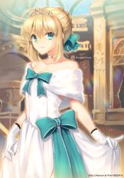 Rule 34 | 1girl, ahoge, artoria pendragon (all), artoria pendragon (fate), bad id, bad pixiv id, blonde hair, bow, breasts, choker, cleavage, dress, fate/grand order, fate (series), gloves, green eyes, hair bow, official alternate costume, pinky out, rainbow, saber (fate), saber (formal dress) (fate), smile, solo, tiara, trianon, watermark, web address, white dress, white gloves